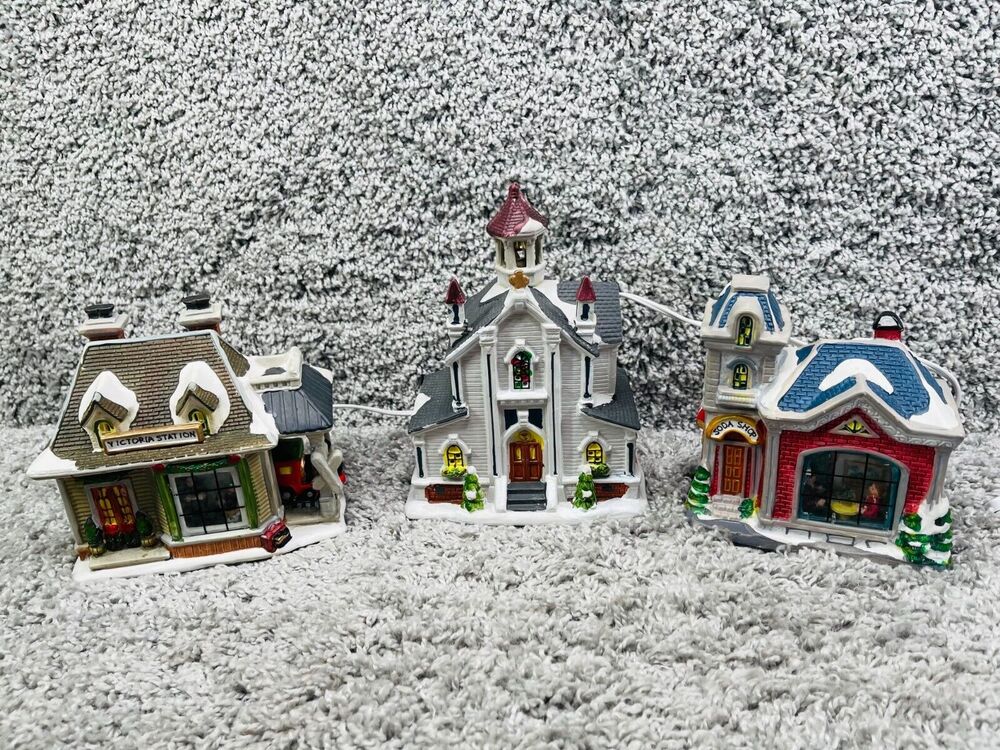 Christmas Winter Victiorian Set of 3 Lighted Buildings Station Church Soda Shop